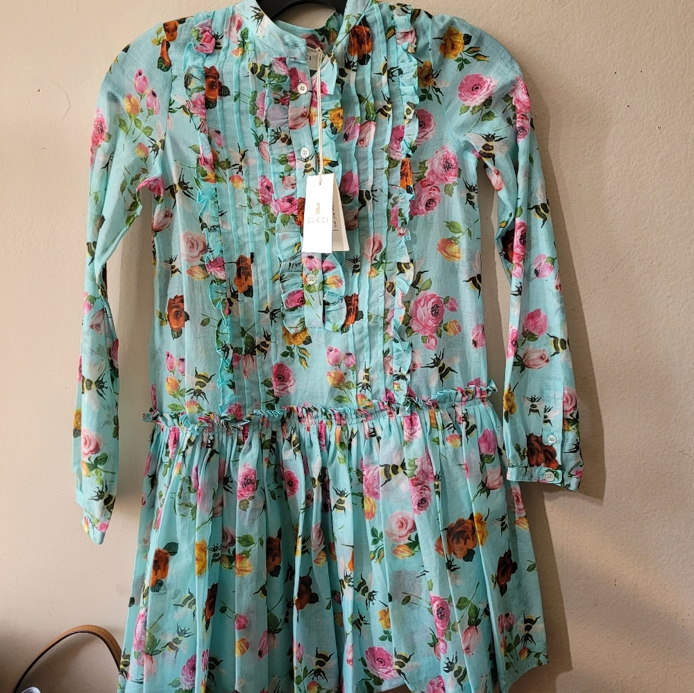 Turquoise Gucci Bee Floral Patterned Dress